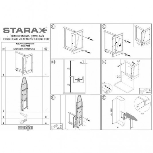 Гладильная доска Starax для гардероба (150-340х1480) антрацит S-6611-A - 3