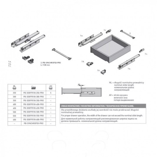 Направляющая скрытого монтажа GTV полного выдвижения Modern Slide  L=450 mm 16-18 мм 3D - 3