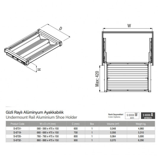 Полиця Starax для взуття висувна 760-790×475×150, 800 фасад антрацит S-6720-A - 3