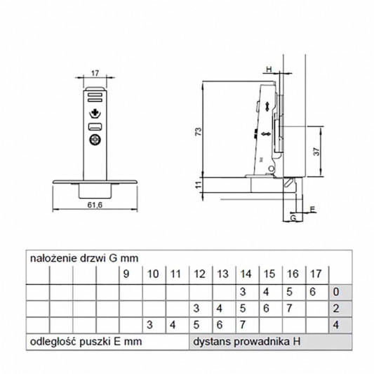 Завіса Hafele Metalla SM 110° без пружини накладна сталь нікельований 45 х 9.5 під шуруп H=0 - 1