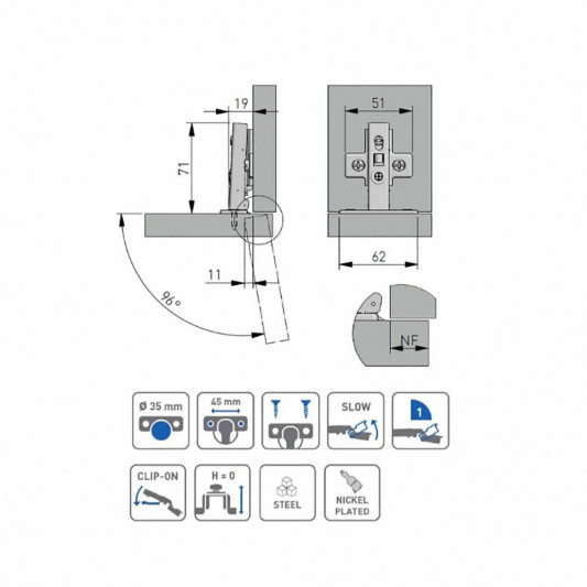 Завіса GTV накладна з доводчиком Clip-on H=0 Light Plus+ - 1
